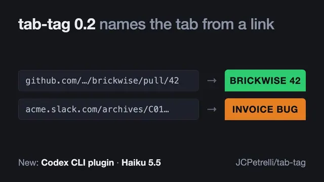 tab-tag 0.2 推出了。Claude Code 外掛現在會根據連結為 iTerm2 分頁命名。一個預覽