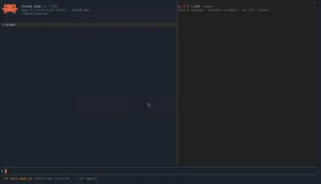 twitch 聊天直接進入 claude code 😳 > 在側邊面板中建立了一個假的 twitch 聊天預覽